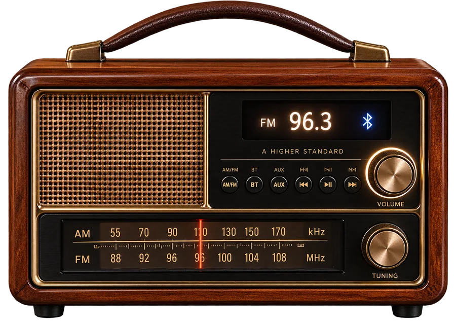 A vintage wooden radio with a gold speaker grille sitting on the porch